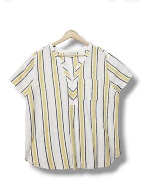 Van Heusen Striped Linen Cotton Blend Short Sleeve Blouse Top XL White Gray Gold